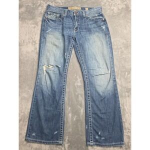BKE Carter Bootleg Mens 32R 32X30 Thick Stitch Thrashed Blue Denim Buckle Jeans